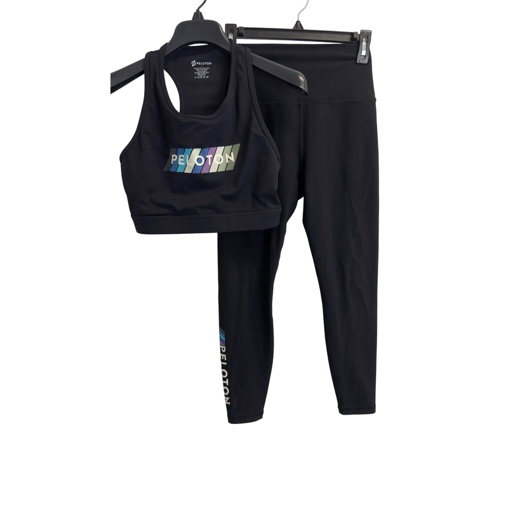 Peloton Womens M Black Logo Sports Bra and High Waisted Leggings Activewear Set